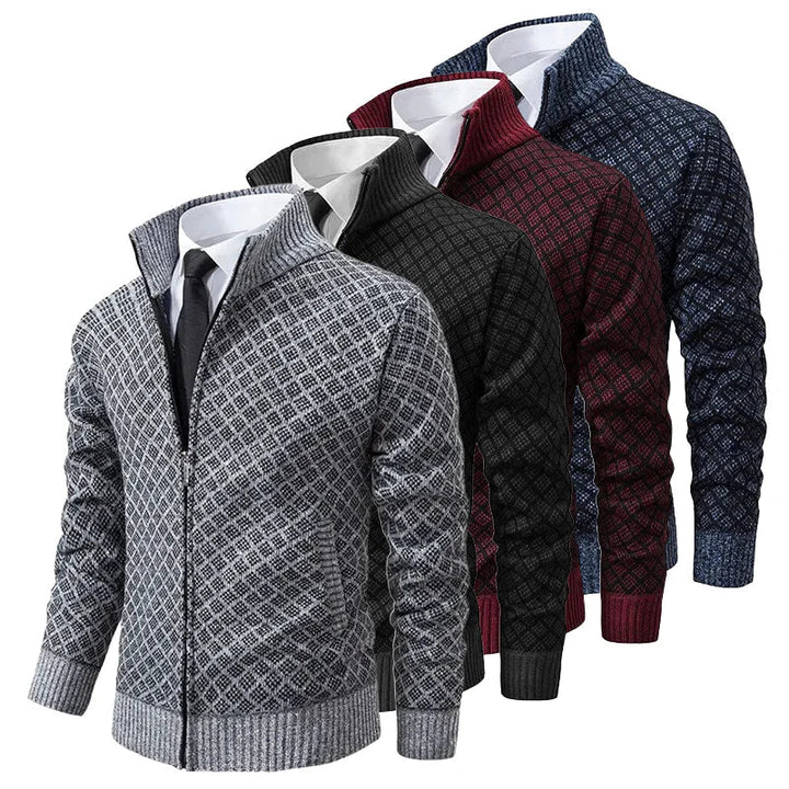 Men's diamond jacquard knit cardigan with stand collar and zip front