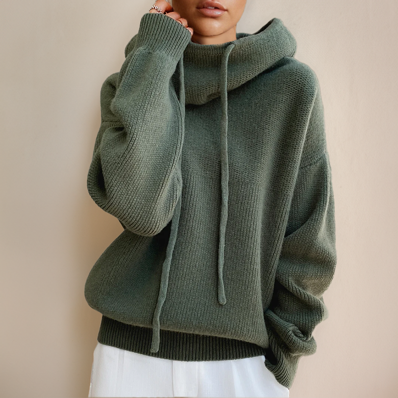 Women's knitted hoodie with drawstrings and ribbed trims