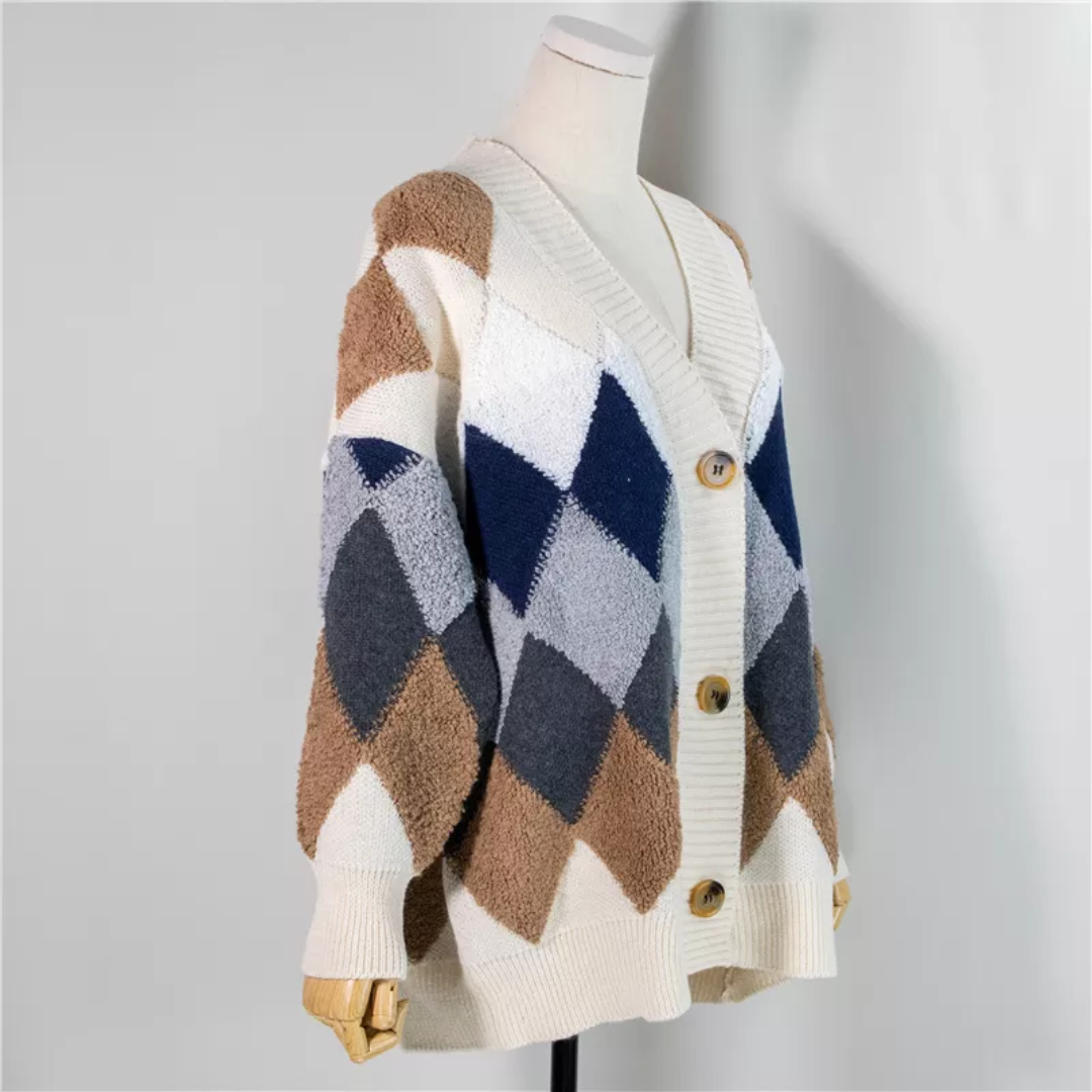 Women's geometric knit cardigan with buttons and long sleeves