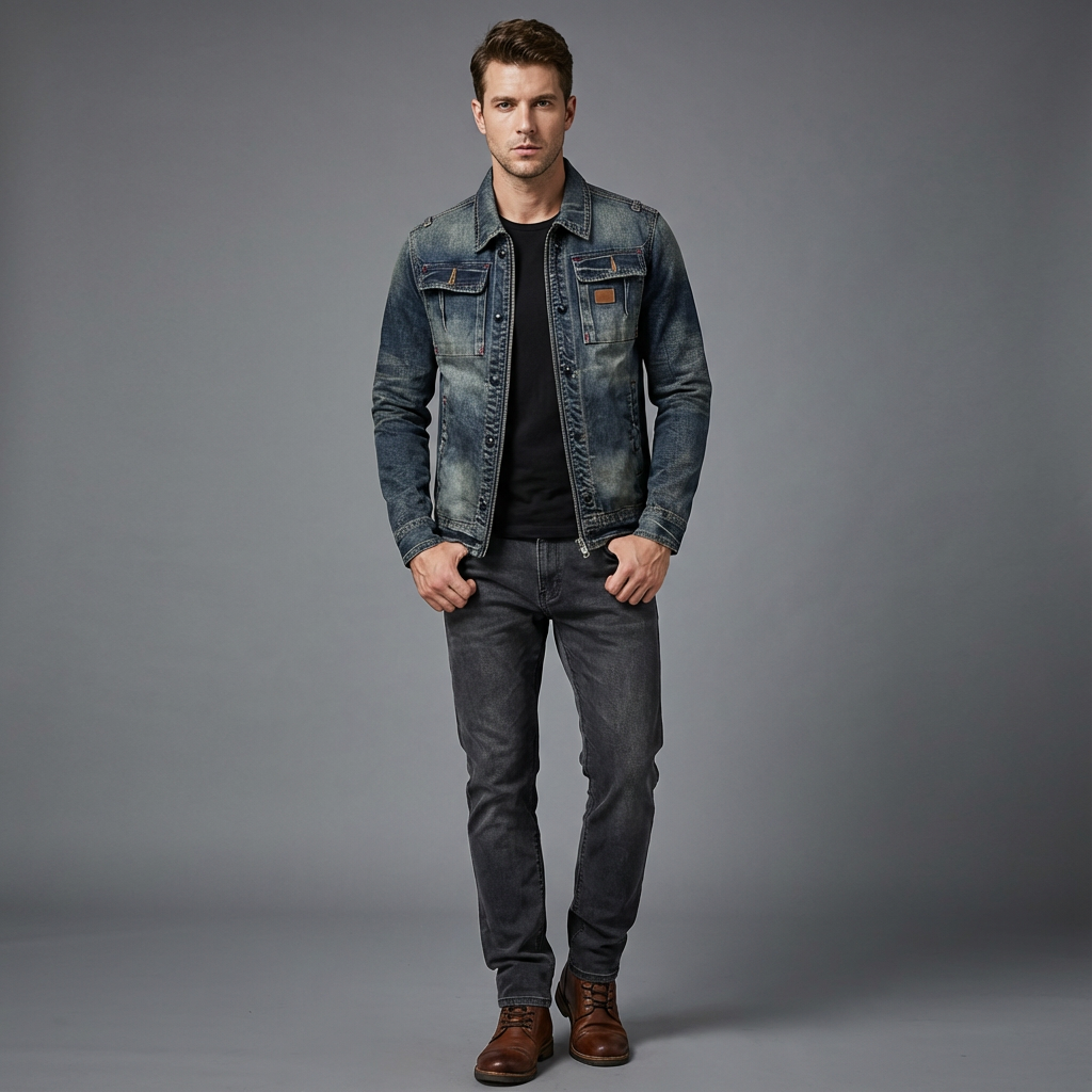 Men's faded blue denim jacket with long sleeves, zip front and chest pockets