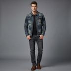 Men's faded blue denim jacket with long sleeves, zip front and chest pockets