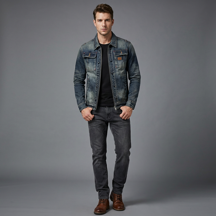 Men's faded blue denim jacket with long sleeves, zip front and chest pockets