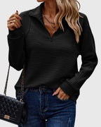 Women's ribbed quarter-zip sweater with collar and long sleeves