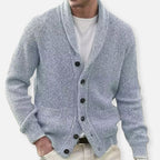 Men's ribbed knit cardigan with shawl collar and button front