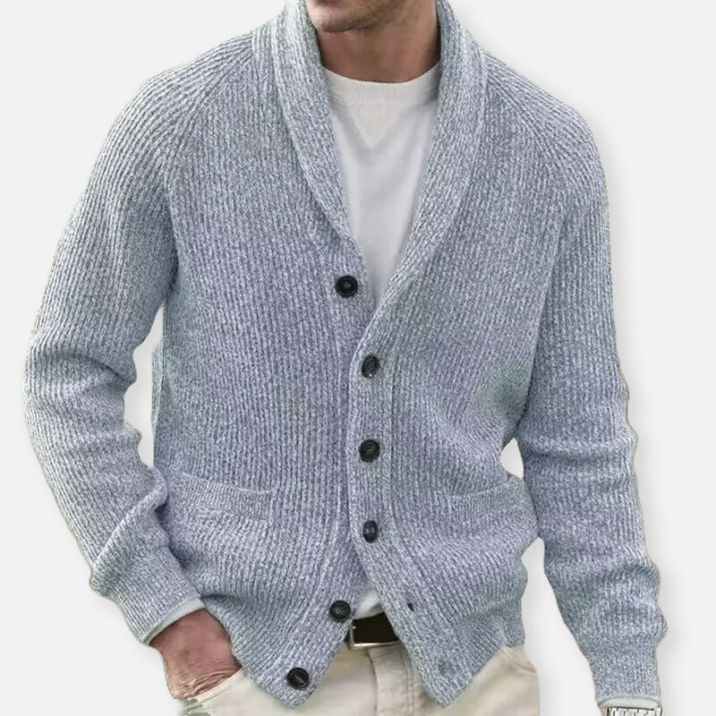 Men's ribbed knit cardigan with shawl collar and button front