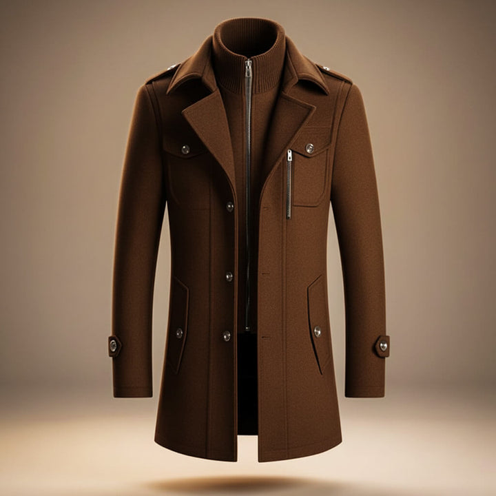 Men's structured long coat with high collar, zip and button front, and multiple pockets