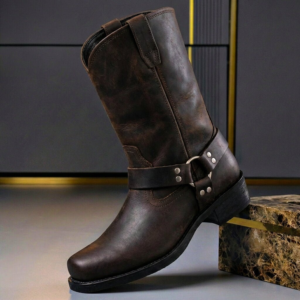 Tall men's biker boot with ankle straps, metal studs and low heel