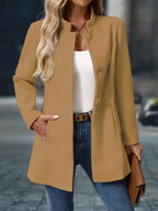 Women's slim-fit long coat with high neckline and covered buttons