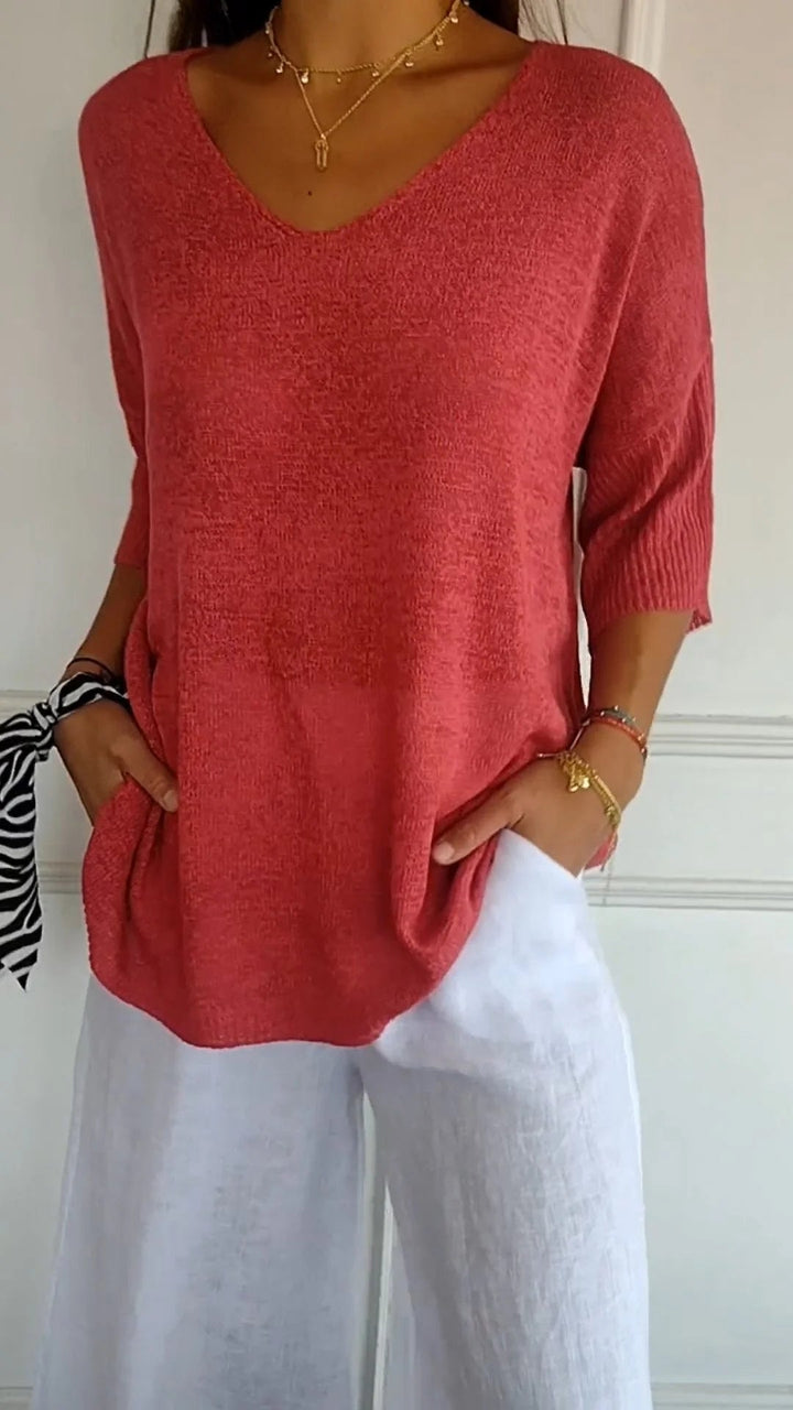 Women's solid-colour knitted V-neck top with long sleeves