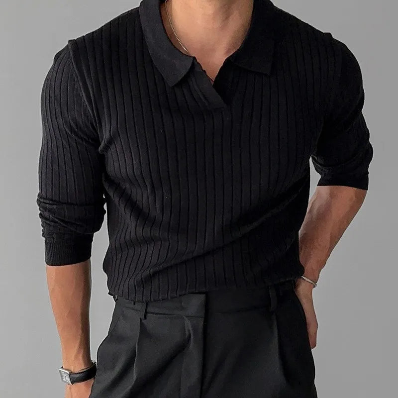 Men's ribbed polo sweater with a collared neckline and long sleeves