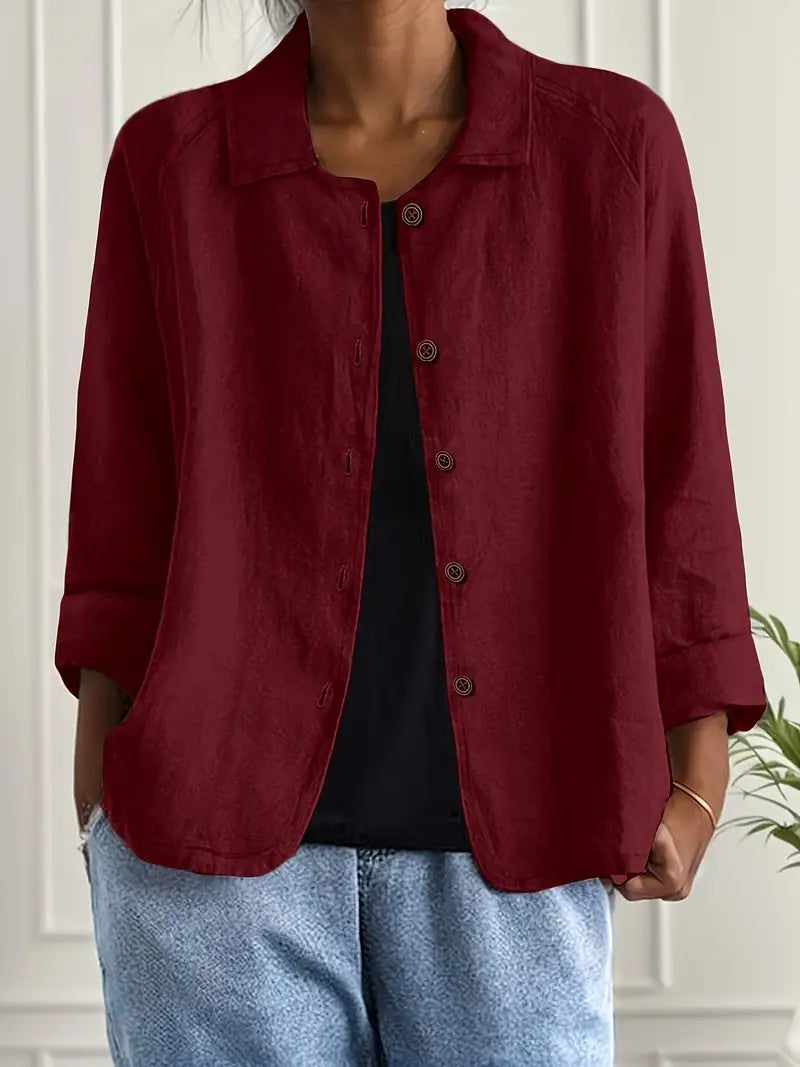 Women's collared shirt-style cardigan with button front and long sleeves