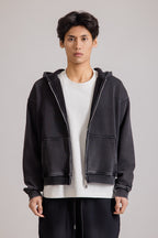 Men's black zip-up hoodie jacket with front pockets and vintage finish