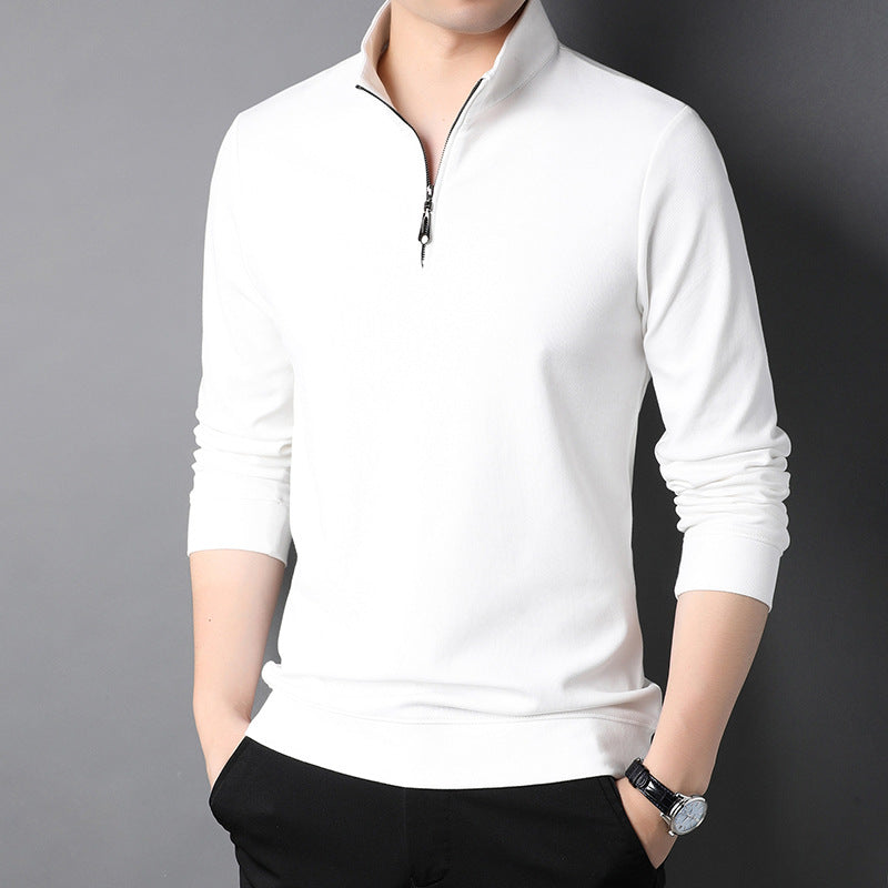 Men's plain long-sleeved quarter-zip sweater with a raised mock neck