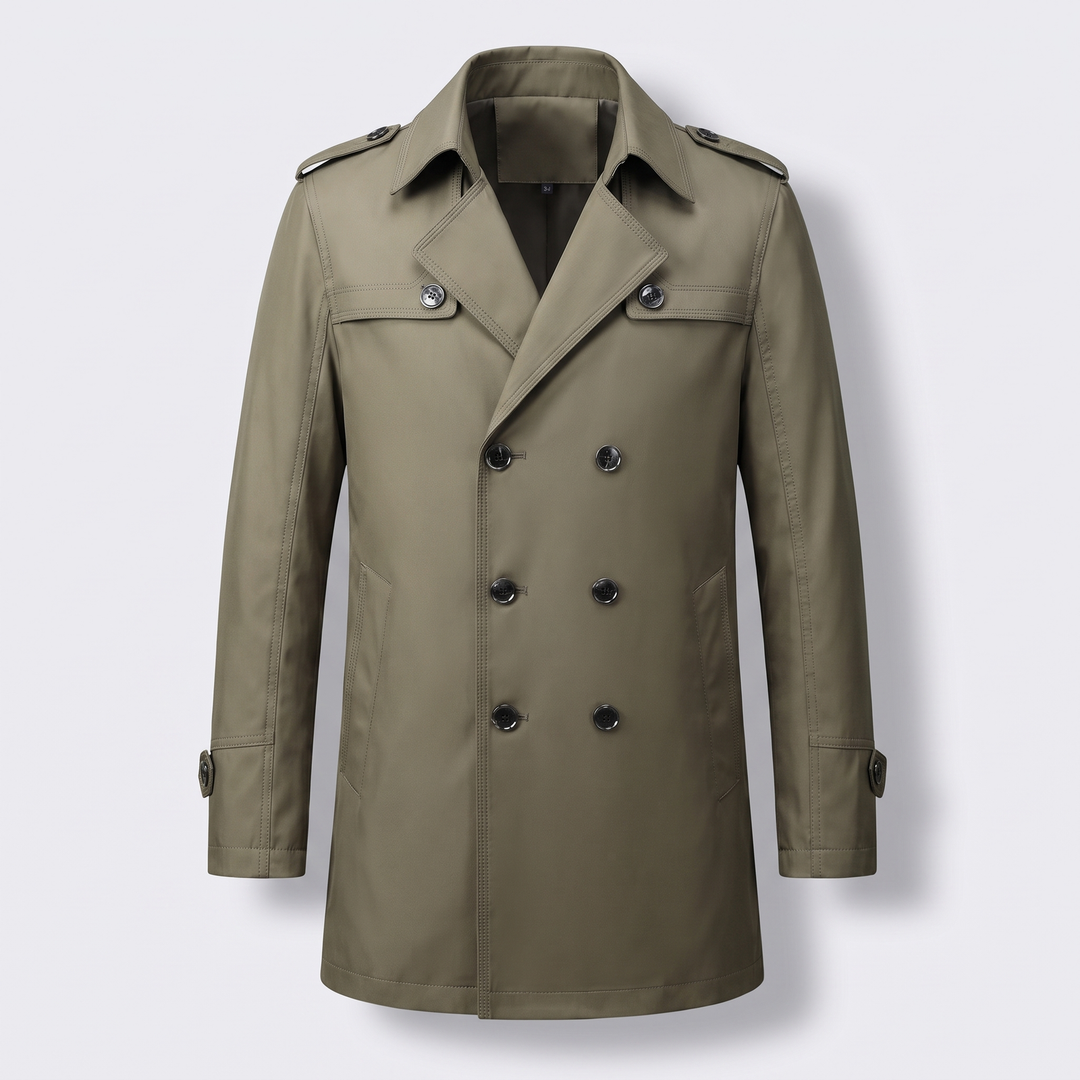 Men's double-breasted trench coat with long sleeves and removable lining