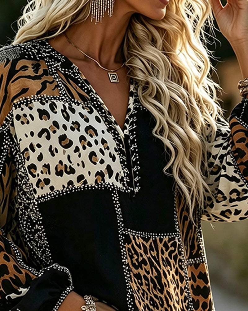 Women's leopard colour block blouse with long sleeves and V-neckline