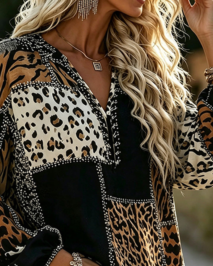 Women's leopard colour block blouse with long sleeves and V-neckline