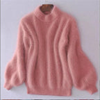 Women's fluffy turtleneck sweater with long sleeves and ribbed trims
