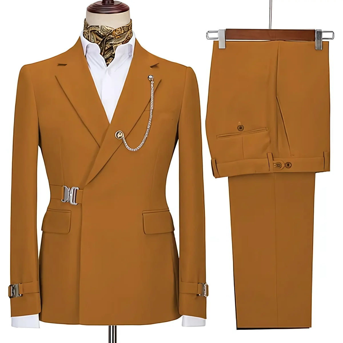 Men's two-piece suit with notched lapels, chain detail, buckle accents and matching trousers