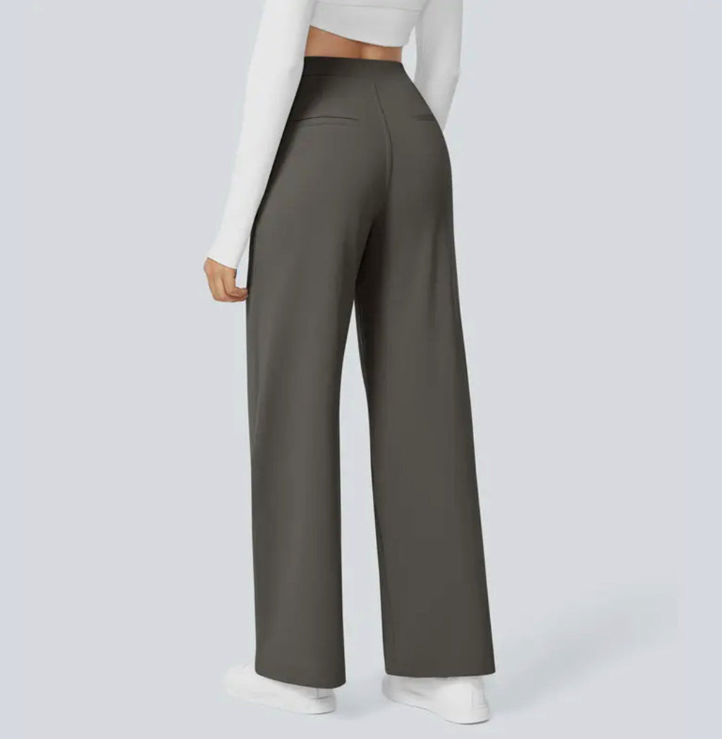 Women's high-waisted wide-leg trousers shown in multiple colours