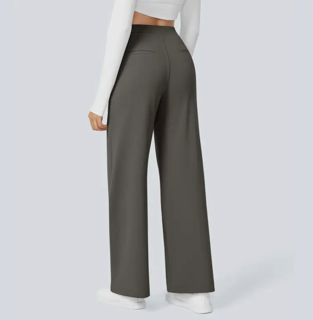 Women's high-waisted wide-leg trousers shown in multiple colours