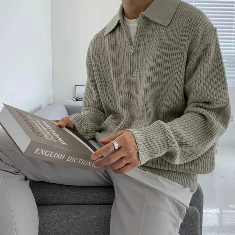 Ribbed quarter-zip sweater with polo collar and long sleeves