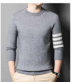 Men's crew neck sweater with contrasting striped sleeve detail
