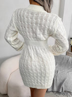Women's cable knit sweater mini dress with crew neckline and long sleeves