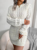 Women's cable knit sweater mini dress with crew neckline and long sleeves