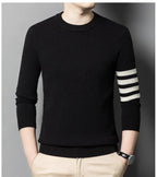 Men's crew neck sweater with contrasting striped sleeve detail