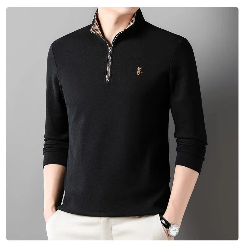 Men's quarter zip knit pullover with mock neck and checkered collar lining