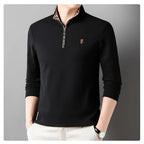 Men's quarter zip knit pullover with mock neck and checkered collar lining