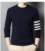 Men's crew neck sweater with contrasting striped sleeve detail