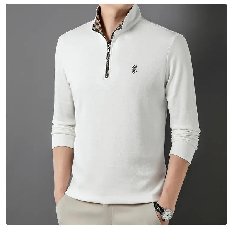 Men's quarter zip knit pullover with mock neck and checkered collar lining