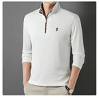 Men's quarter zip knit pullover with mock neck and checkered collar lining