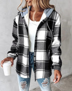 Women's plaid hooded shacket with button front