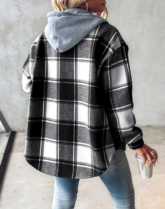 Women's plaid hooded shacket with button front