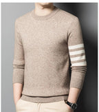 Men's crew neck sweater with contrasting striped sleeve detail