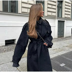 Women's black oversized long coat with lapel collar and button front