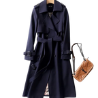 Women's long belted trench coat with double-breasted buttons, lapels and cuff straps