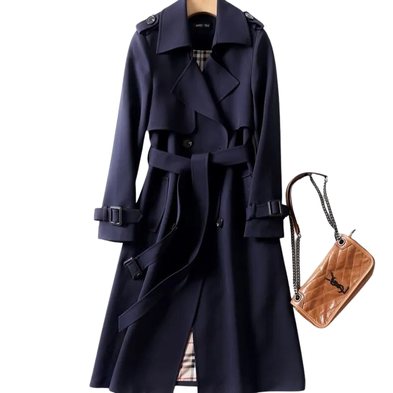 Women's long belted trench coat with double-breasted buttons, lapels and cuff straps
