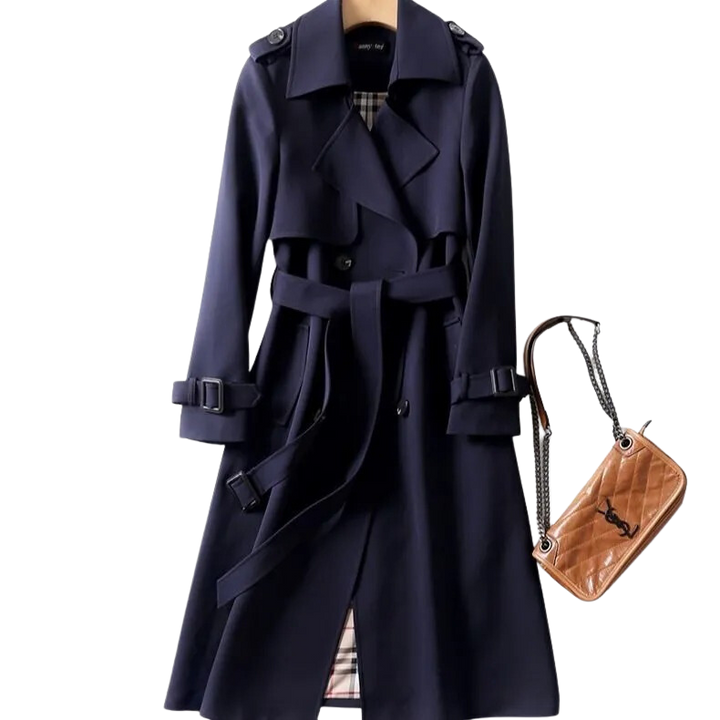 Women's long belted trench coat with double-breasted buttons, lapels and cuff straps