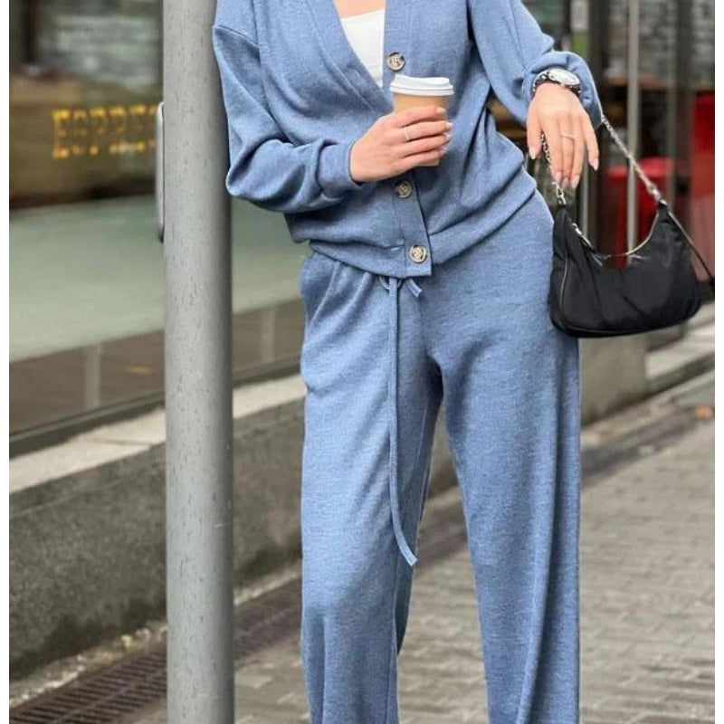 Women's knit cardigan and wide-leg trousers co-ord set