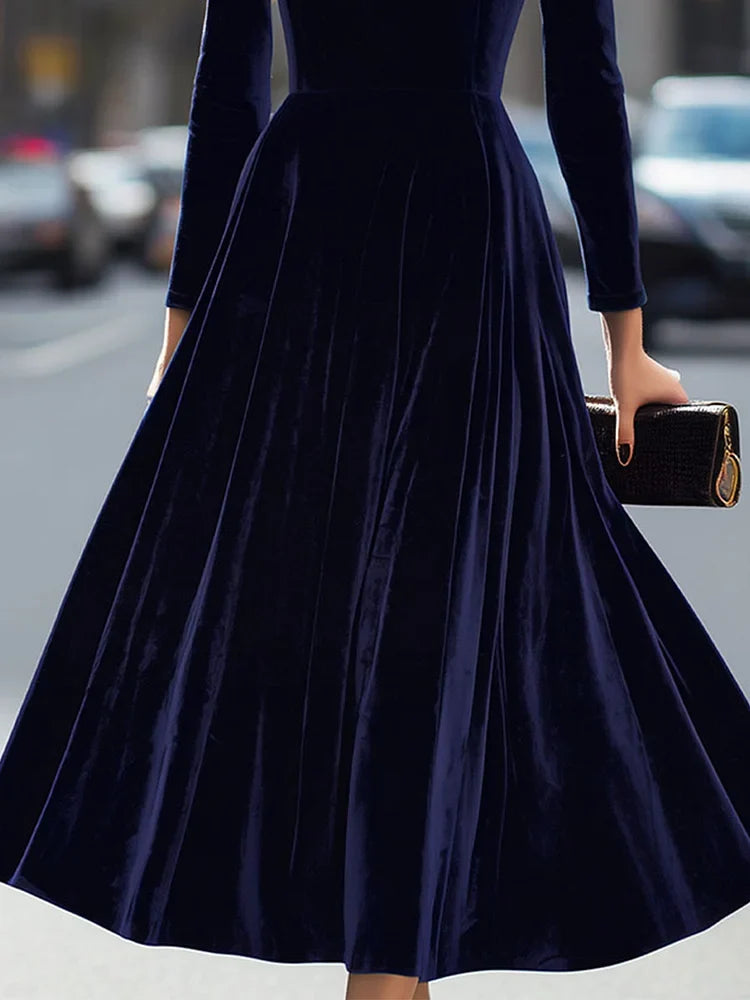 Women's navy long sleeve pleated midi dress