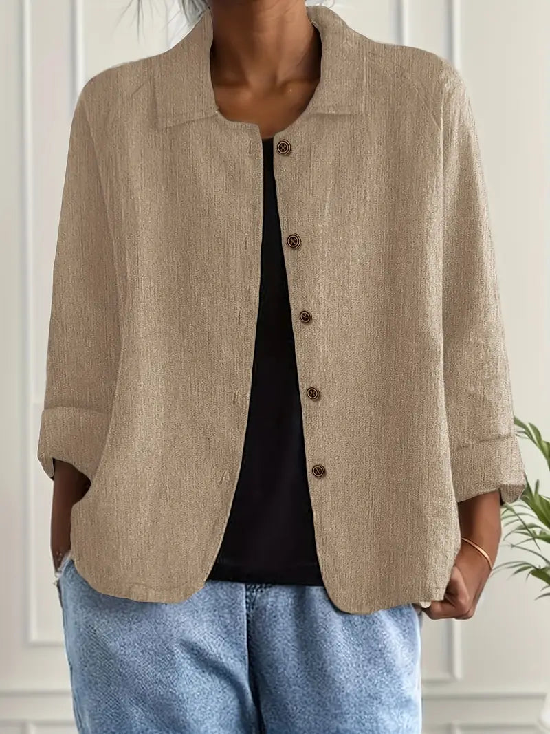 Women's collared shirt-style cardigan with button front and long sleeves