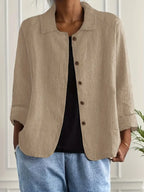 Women's collared shirt-style cardigan with button front and long sleeves