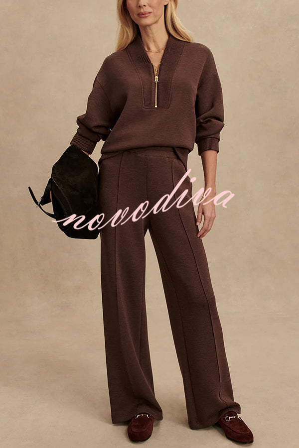 Women's ribbed half-zip sweatshirt and wide-leg trousers set