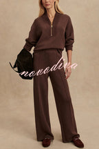 Women's ribbed half-zip sweatshirt and wide-leg trousers set
