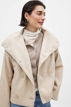 Women's short double-breasted trench coat with wide lapels and long sleeves