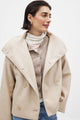 Women's short double-breasted trench coat with wide lapels and long sleeves