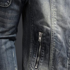 Men's blue-grey washed denim jacket with stand collar, long sleeves and zipped pockets